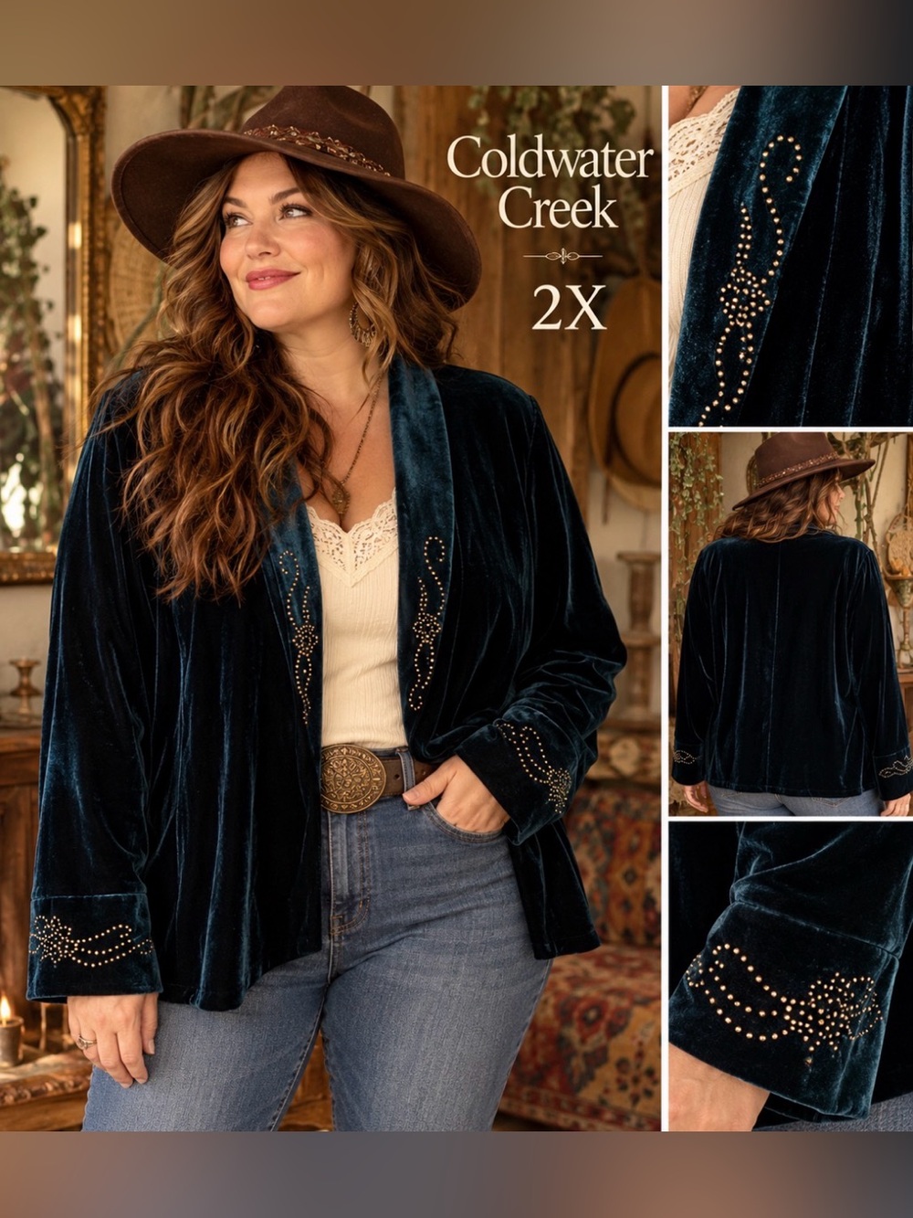 Coldwater Creek Velvet Open Front Cardigan - Deep Teal with Stud Accents